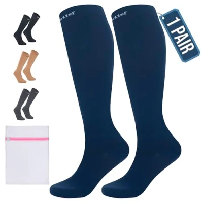 Afbeelding van 360 Relief 1 Paar Compressiesokken Dammes en Herren Effen Kleuren Compressiekousen voor Sport, Hardlopen, Vliegen, Reizen, Joggen, Fietsen, Werk Blauw S/M Kniehoge sokken met Mesh Waszakje