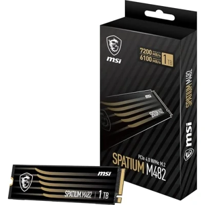 Afbeelding van MSI SPATIUM M482 SSD 1 TB PCIe 4.0 NVMe M.2 interne solid state drive, 7200 MB/s lezen en 6100 schrijven, 3D NAND, ingebouwde gegevensbeveiliging, centrum 5 jaar garantie (600 TBW)