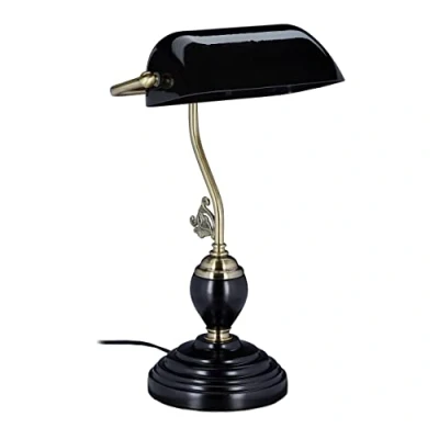 Afbeelding van Relaxdays bankierslamp, glazen lampenkap, kantelbaar, houten voet, E27, vintage notarislamp, sierlijke zwart