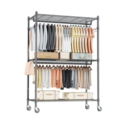 Afbeelding van Himimi kledingrek met dubbele stang/kledingstang in hoogte verstelbare planken, zwaar belastbaar 2 haken, kledingrails wielen, 90 x 42 205 cm, zwart