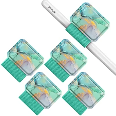 Afbeelding van Fintie 4 stuks zelfklevende penhouders voor Apple Pencil en stylus pen, elastische kunstlederen penlushouder notitieboek, kalender, tablet, map, marmer groen