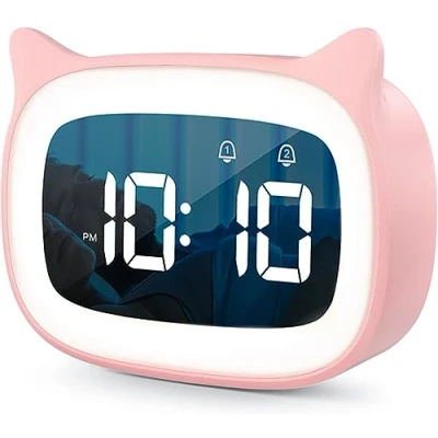 Afbeelding van UQTUKO digitale kinderwekker, kinderwekker met sluimerfunctie dubbele wekker nachtlampjes 12/24 uur LED nachtlicht 18 muziek 5 helderheidsstanden voor jongens meisjes (roze)