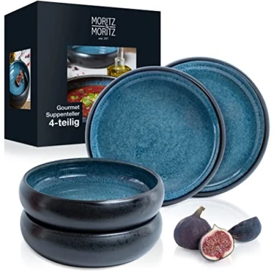 Afbeelding van Moritz &amp; SOLID 4 x soepborden van aardewerk, 19 cm, kom aardewerk voor soep, pasta, salade of muesli