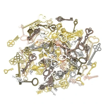 Afbeelding van Teogneot 100 stuks antieke bronzen vintage sleutelbedels, rustieke hanger set voor doe het zelf handgemaakt, cadeau