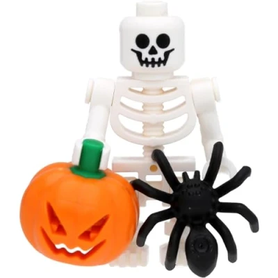 Afbeelding van LEGO Minifiguur skelet met Halloween pompoen en spin, gen047 v2