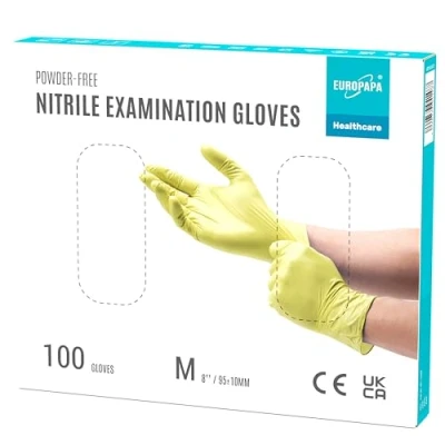 Afbeelding van EUROPAPA® 100 x nitrilhandschoenen, wegwerphandschoenen, onderzoekshandschoenen, nitril handschoenen, poedervrij, zonder latex, niet steriel, latexvrij, wegwerphandschoenen (M, Geel)