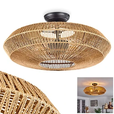 Afbeelding van plafondlamp Cassano, moderne van metaal/rattan in zwart/natuur, lamp modern design met lichteffect, ø51,5 cm, 1 lamp, x E27, zonder gloeilamp