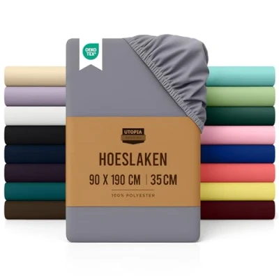 Afbeelding van Utopia Bedding hoeslaken, eenpersoons met een hoekdiepte van 35 cm, onderhoudsvriendelijk, zachte geborstelde polyester microvezelstof, krimp en vervagingsbestendig onderlaken, grijs