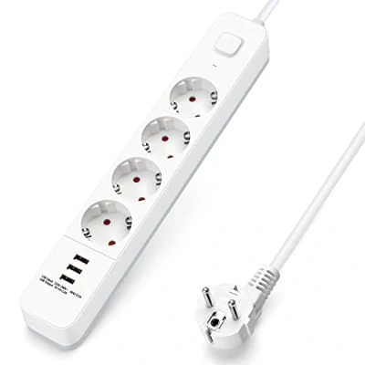 Afbeelding van Aigostar 20BW4 Stekkerdoos 4 voudig 3 USB meter Met randaarde Verlengsnoer Verlengkabel Wit Nederlands