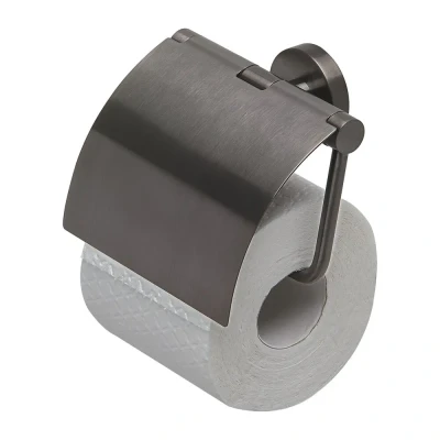 Afbeelding van Geesa brushed metal black toiletrolhouder met klep geborsteld zwart
