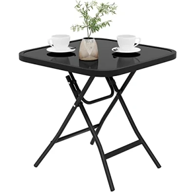 Afbeelding van eSituro Klaptafel, bijzettafel, inklapbaar, balkontafel, campingtafel, tuintafel, bistrotafel, met metalen frame, rechthoekig tafelblad van gehard glas, 46 x 48 cm, zwart SCPT0037