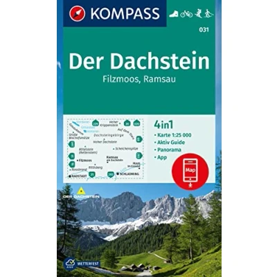 Afbeelding van 031 der dachstein ramsau filzmoos: 4in1 Wanderkarte mit Panorama und Aktiv Guide inklusive Karte zur offline Verwendung in KOMPASS App. Fahrradfahren. Skitouren. Langlaufen.