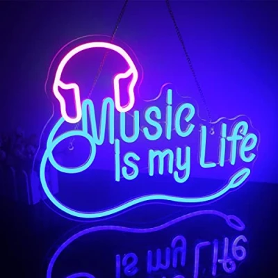 Afbeelding van Looklight Music Is My Life Neonbord Muziek Neonborden voor Wanddecoratie Hoofdtelefoon Neonborden, Dimbaar Roze Blauw LED Neon Lichtborden Slaapkamer Studio Bar Club Party Gift
