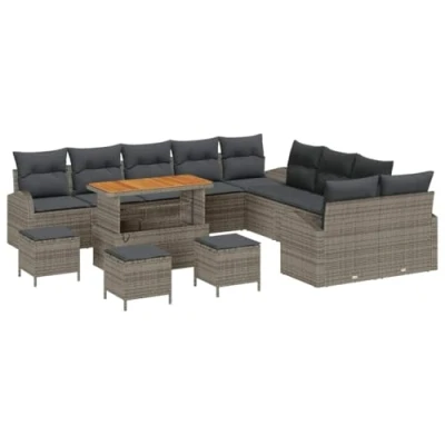 Afbeelding van vidaXL 14 delige tuinset met kussens in het grijs, poly rattan en acacia