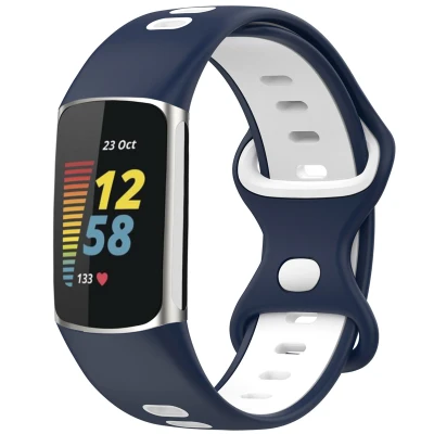 Afbeelding van Siliconen sport bandje voor de Fitbit Charge 5 / 6 Blauw Wit iMoshion En TPU (zacht)