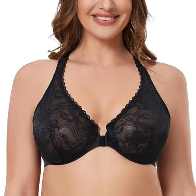 Afbeelding van MELENECA Dames Plus Size Racerback Niet gevoerde Kant Ondersteunende Beha met Beugel en Voorsluiting Zwart 105B