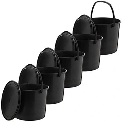 Afbeelding van MIG emmer met deksel, 6 l, zwart, 5 x liter, stapelbare plastic veelzijdige bak deksel voor huishouden en industrie, kleine geschikt hondenvoer, zwart
