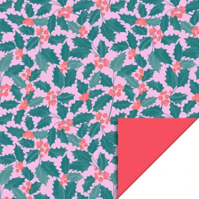 Afbeelding van Het Inpakhuis inpakpapier Cadeaupapier Kadopapier x mas Holly Leaves Red 70cm 3m Rol Kerst Kerstbomen Feest Kerstboom Kerstdagen Hulst
