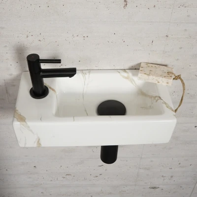 Afbeelding van Fonteinset Carrara Marmerlook Wiesbaden Color Mat Zwart (kraangat links)