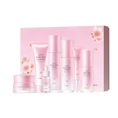 Afbeelding van LAIKOU Huidverzorgingsset, Sakura Glazen Huidverzorgingssets &amp; kits Reinigingsmiddel, Toner, Lotion, Serum, Oogcrème, Gezichtscrème, Make upprimer, Cadeauset Voor Tienermeisjes/vrouwen 7 stuks