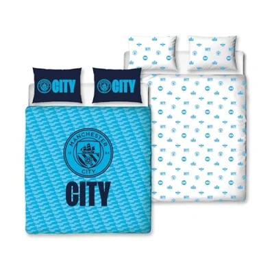 Afbeelding van Character World officiële Manchester City FC dubbele dekbedovertrekset, Crestcol ontwerp Blauw omkeerbaar tweezijdig voetbalbeddengoed, koopwaar inclusief bijpassende kussenslopen