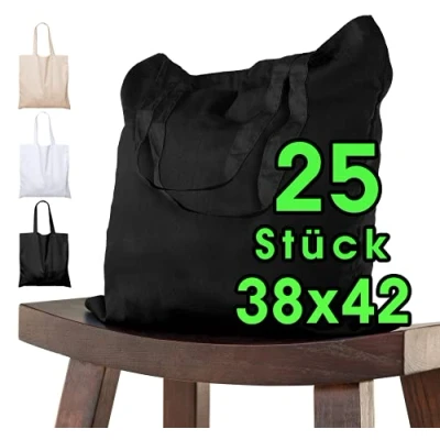 Afbeelding van katoenen opvangzak 38x42 25 stuks zwart voor kinderen met KORT handvat Unbedded OEKO TEX® gecertificeerd stoffen tas, draagtas, 140 g/m dikke boodschappentas