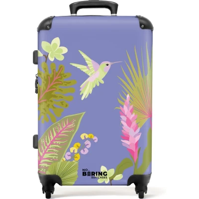 Afbeelding van NoBoringSuitcases.com® Koffer groot Rolkoffer lichtgewicht Paars met tropische print Reiskoffer 4 wielen Grote trolley XL 20 kg bagage