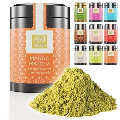 Afbeelding van Tea Uniqo Matchapoeder met mangopoeder, voor matcha latte, ijs, bubble tea, Japanse matchathee mangosmaak zonder kunstmatige kleurstoffen in een elegant blikje