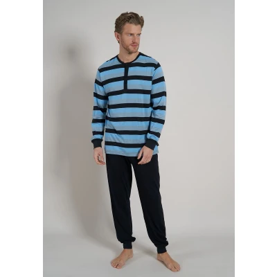 Afbeelding van TOM TAILOR heren pyjama O hals met knoopjes middenblauw gestreept Maat: XXL