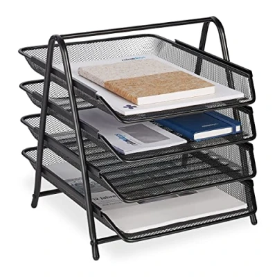 Afbeelding van Relaxdays brievenbak metaal zwart 4 vakken sorteerbak a4 bureau organizer brieven
