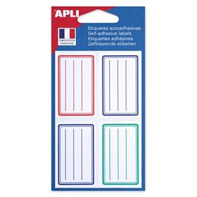 Afbeelding van APLI 101096 schooletiketten, 36 x 56 mm, gelinieerd, blauw, rood, groen, 24 stuks