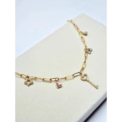 Afbeelding van Schakelketting met bedels Paperclip Stainless Steel ketting hanger Sleutel hartje regenboog ster