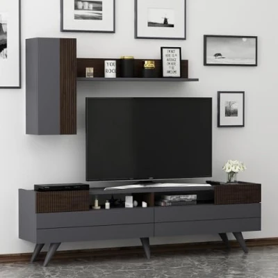 Afbeelding van Homidea Moon Woonwand, tv set, kast, meubel, tafel, meubel met 2 deuren in modern design (antraciet/walnoot)