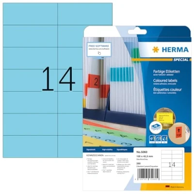 Afbeelding van HERMA 5060 Gekleurde etiketten A4 afneembaar (105 x 42,3 mm, 20 velles, papier, mat) zelfklevend, bedrukbaar, verwijderbaar en opnieuw klevende kleurenlabels, 280 voor printer, blauw