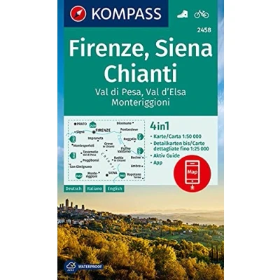 Afbeelding van 2458 firenze siena chianti: 4in1 Wanderkarte mit Aktiv Guide und Detailkarten inklusive Karte zur offline Verwendung in der KOMPASS App. Fahrradfahren.