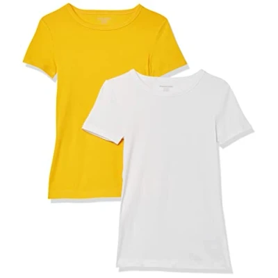 Afbeelding van Amazon Essentials Women&#039;s T shirt met korte mouwen en ronde hals in slanke pasvorm, Pack of 2, Wit/Goud, XS