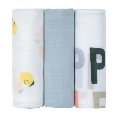 Afbeelding van LÄSSIG Baby Mulldoek, spuugdoek, inbakerdoek, 3 delige set, katoen, 80 x cm, Heavenly Soft Swaddle L Happy Fruit Lemon