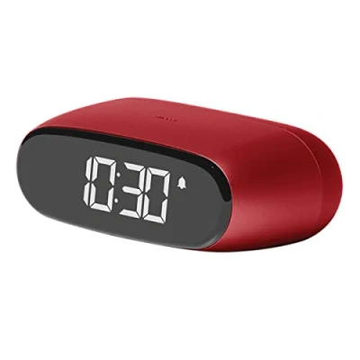 Afbeelding van Lexon MINUT Compacte mini wekker met zuiver zwart VA LCD display, touch bediening, sluimerfunctie en achtergrondverlichting, oplaadbare batterij, aluminium afwerking, donkerrood