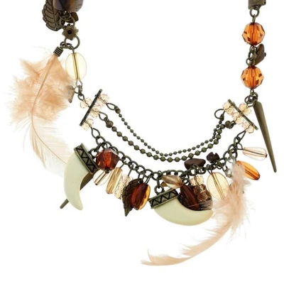 Afbeelding van Behave Bruine ketting met tand, muntjes, tijgeroog en veer hangers