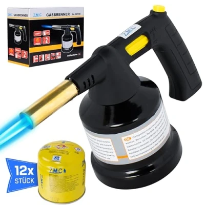 Afbeelding van Z.M.C Gasbrander 1,3 kW + 12 gaspatronen 190 g, flambeerbrander tot 1350 C, bunsenbrander, soldeerbrander, branderopzetstuk, keukenbrander met instelbare vlam