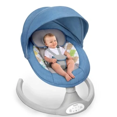 Afbeelding van Bioby babywip, elektrisch, met 5 natuurlijke schommelsnelheden, bluetooth muziek afstandsbediening en punts riem, lichte voor 2 9 kg, 0 12 maanden, blauw