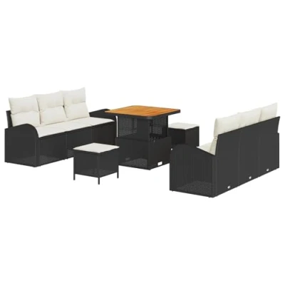 Afbeelding van vidaXL 9 delig Tuinbankstel met Kussens Zwart Poly Rattan Acacia, 2 Persoons Tuinbank Rattan, 3 Tuin Eetset Acacia