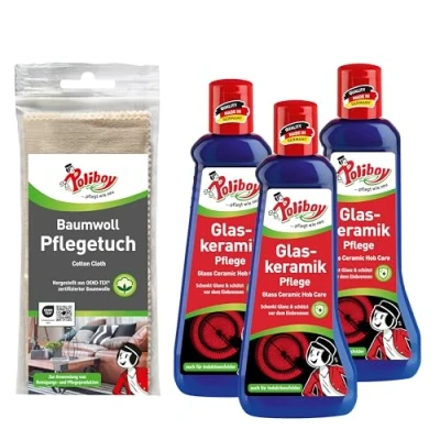 Afbeelding van Poliboy keramische verzorging, verzorging met inbrandbeveiliging, kookplaatreiniger voor glaskeramiek, 3 x 200 ml, katoenen doek, Made in Germany