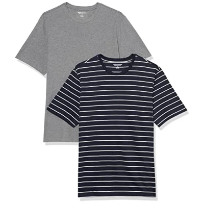 Afbeelding van Amazon Essentials Heren Regular Fit T shirt met korte mouwen en ronde hals, pak van 2, grijs Heather/Navy strepen, XL