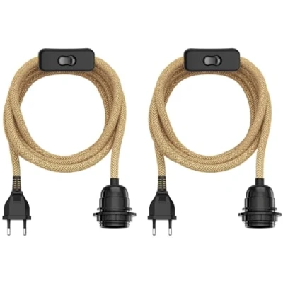 Afbeelding van ledscom.de 2 stuks hennepkabel/textielkabel LEKA, stekker, schakelaar, beige, 3m, fitting, 1x E27 max. 60W
