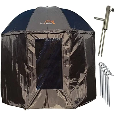 Afbeelding van Hokkaido Hengelparasol, Ø 250 cm, met cape, parasolstandaard en haringen, bescherming tegen regen, wind, koude uv zon, 3 mannen karperbagage + gratis etui, S