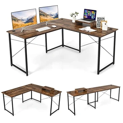 Afbeelding van COSTWAY Bureau L vorm, omkeerbaar hoekbureau met monitorstandaard, hoektafel 3 kabelgaten, gaming computertafel, bureautafel voor thuiskantoor, 150 x 74 cm (rustiek bruin)