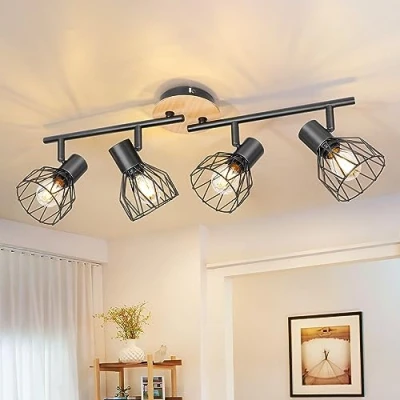Afbeelding van Kimjo Led plafondspot 4 vlammen rond hout draaibaar, plafondlamp spot E14 zwart, wandlamp keukenlamp woonkamer slaapkamer geen lampen