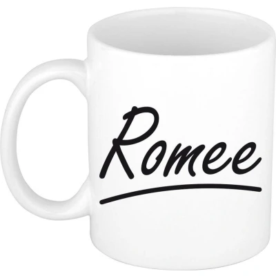 Afbeelding van Romee voornaam kado beker / mok sierlijke letters gepersonaliseerde met Naam mokken