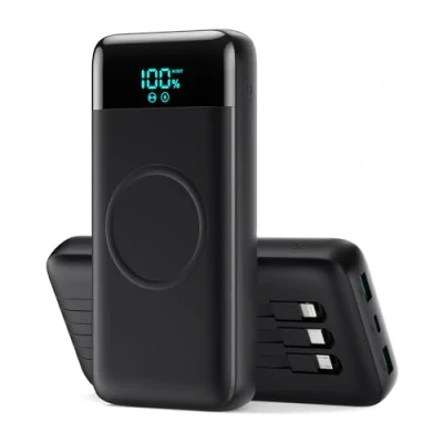 Afbeelding van Draadloze powerbank 26800 mAh met 3 kabels, 7 in 1 draagbare oplader, draadloos, snel opladen 25 W PD3.0 + QC4.0, LCD display, externe batterijen, 6 uitgangen, compatibel iPhone 16/15/14 Huawei